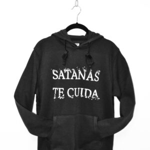 Sudadera con capucha con mensaje: Satanás te cuida desgastado en el pecho